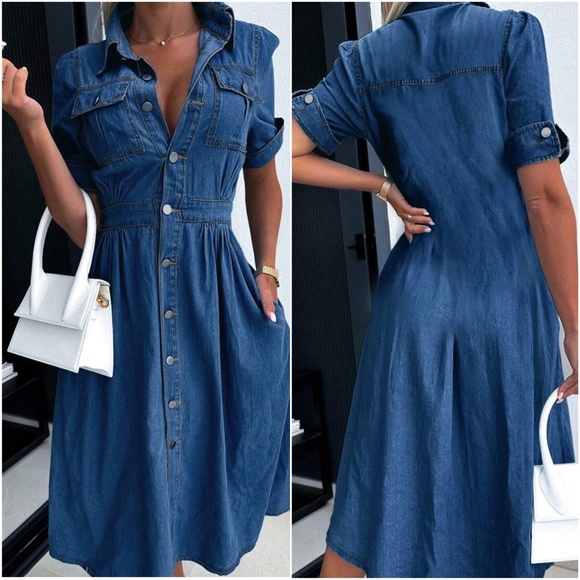 Medium Wash Denim Jean Button Down Midi Dress - Picture 4 of 7
